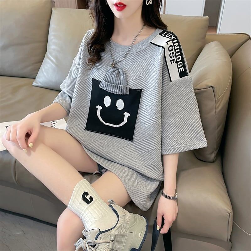 エレガントな立体ジャガードルーズウールパッチステッチ半袖Tシャツ<S-2901>
