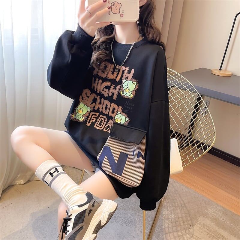 デザインされたビッグポケット漫画長袖Tシャツ<S-5118>