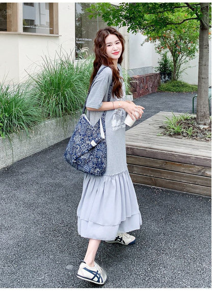 大人可愛い 切り替え プリント 半袖 ワンピース MO-80101