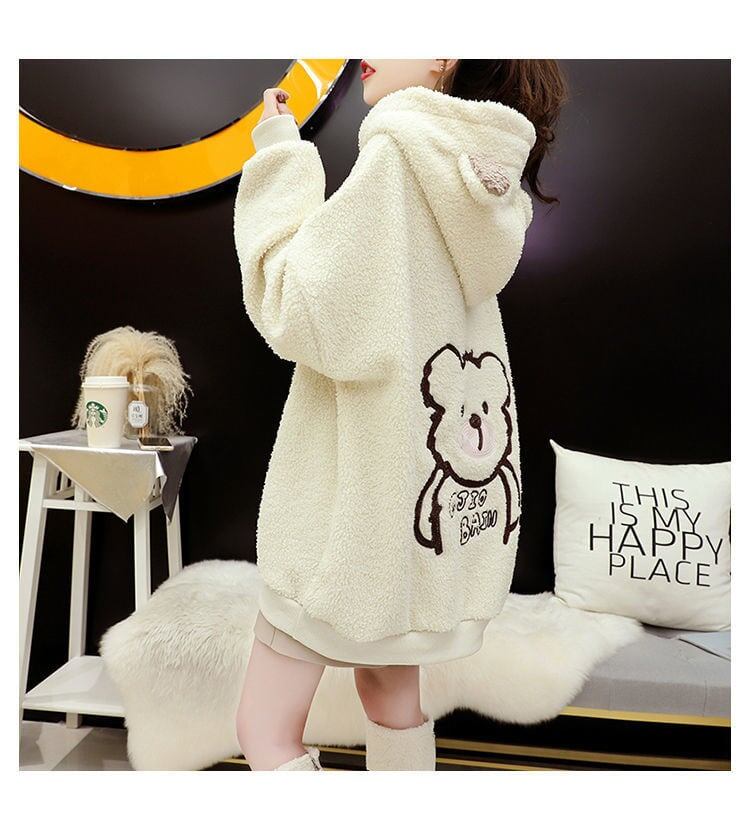 大人可愛いクマちゃんロゴもこもこ厚手フード付きパーカー全3色<S-4696>