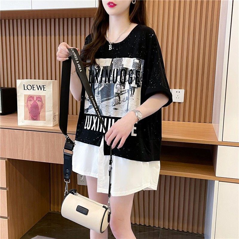 絶対流行 レイヤード風 レース プリント全2色 半袖Tシャツ<S-8821>