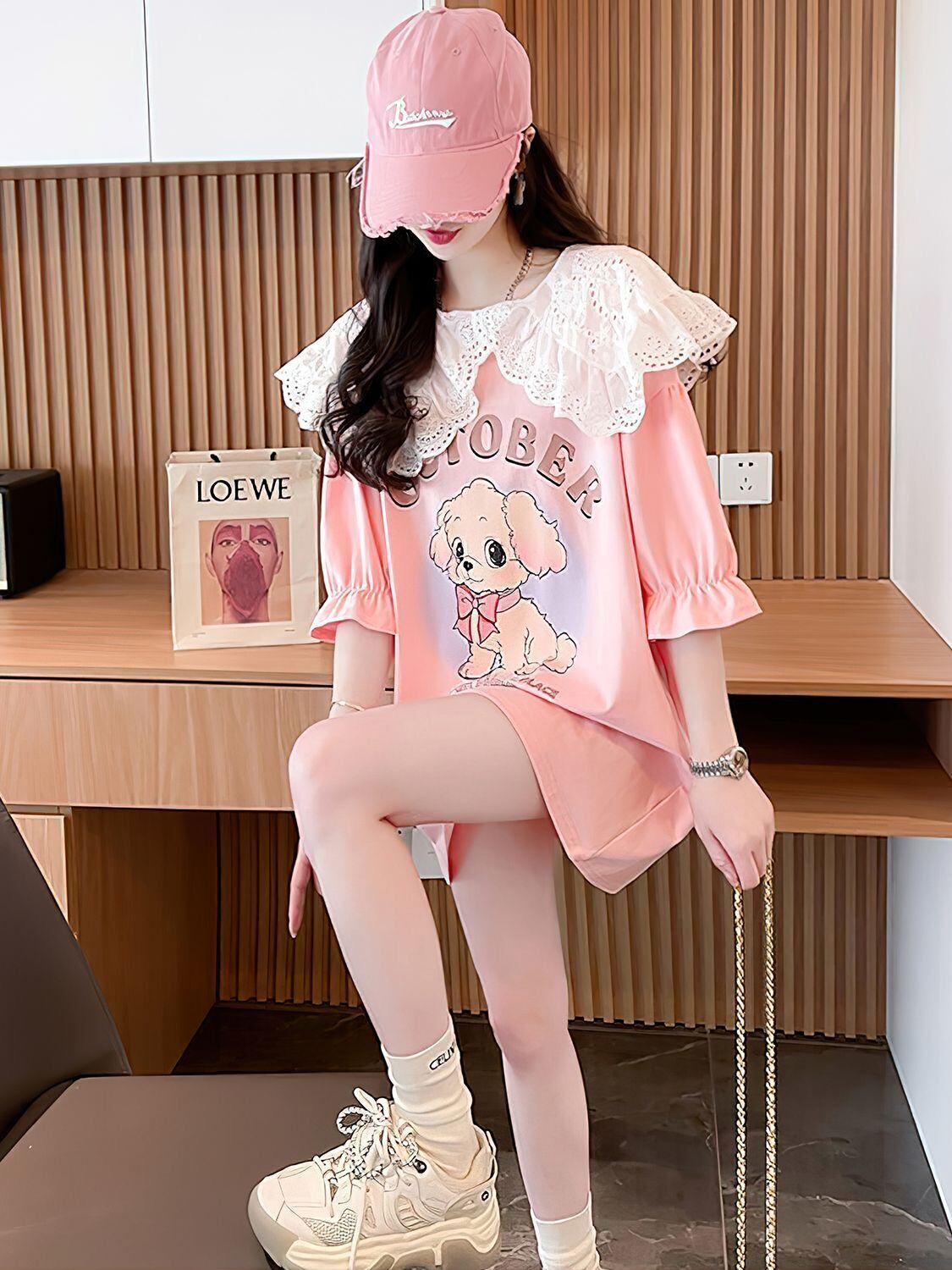 絶対流行 切り替え キュートプリント ゆったり 5分袖 Tシャツ＜S-8474＞