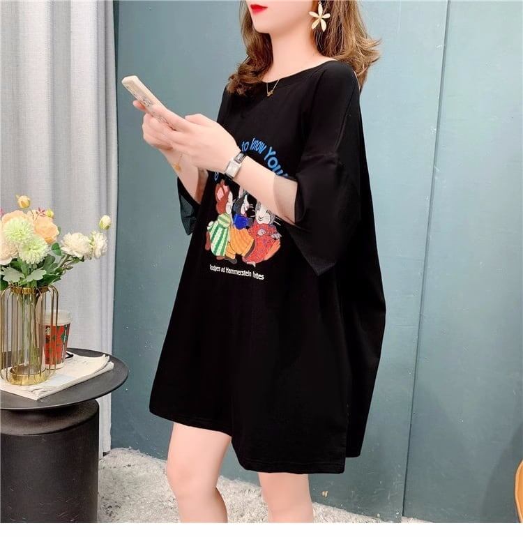 優しい雰囲気 立体のリボン バックオープン プリント ロングTシャツ ゆったり半袖＜S-2939＞