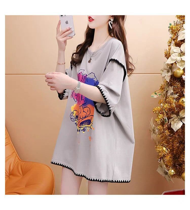 韓国系 ロング プリント Tシャツ 三色 ゆったり半袖 ＜S-2841＞