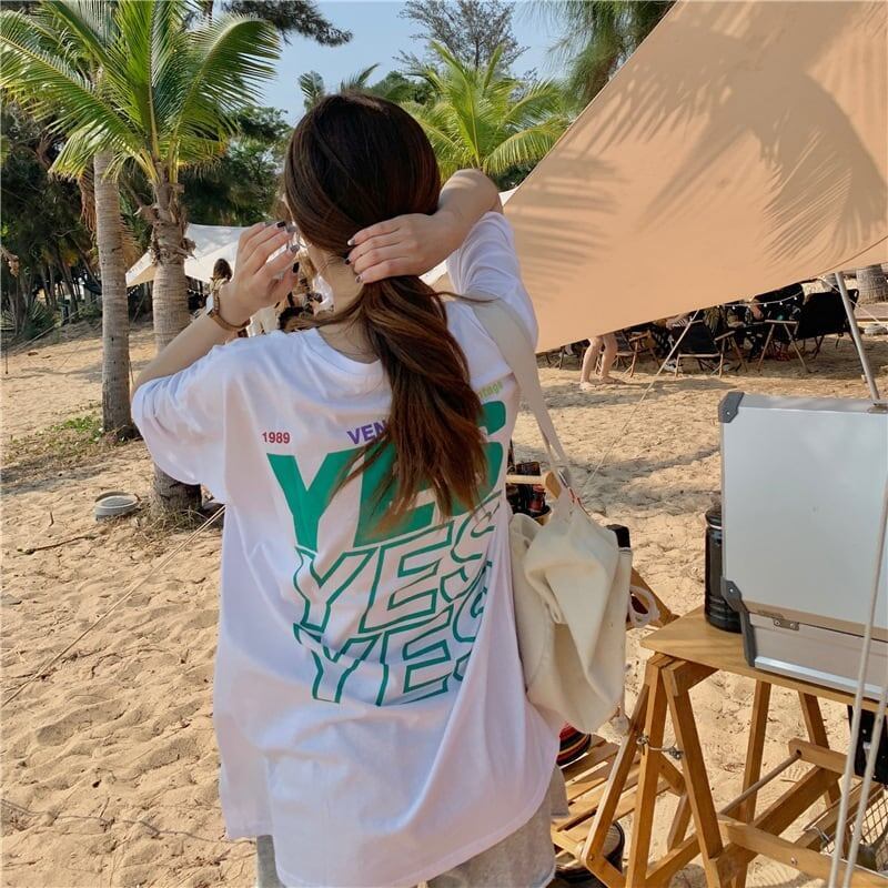 着心地良い プリント アルファベット ロング Tシャツ ゆったり半袖 ＜S-2851＞
