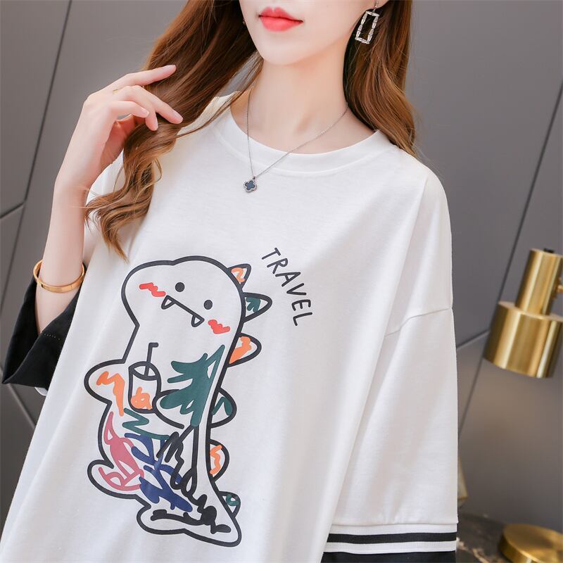 合わせやすい アルファベット ラウンドネック プリントTシャツ ゆったり ワンピース＜S-3992＞