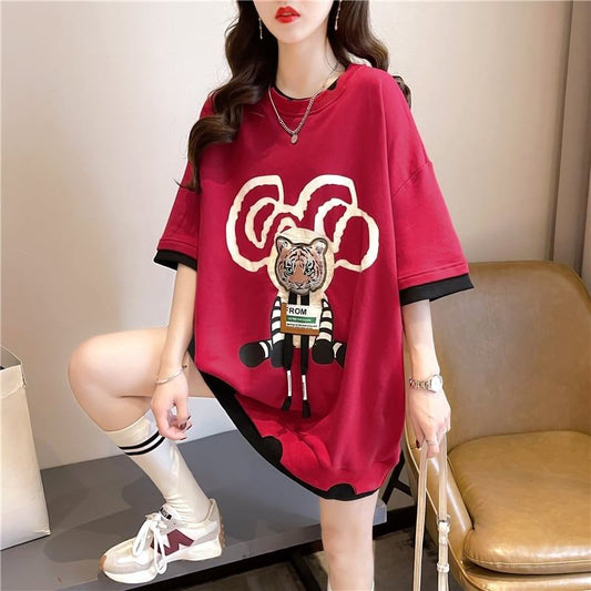 気質ルーズ漫画プリントミッドレングス半袖Tシャツ<S-3026>