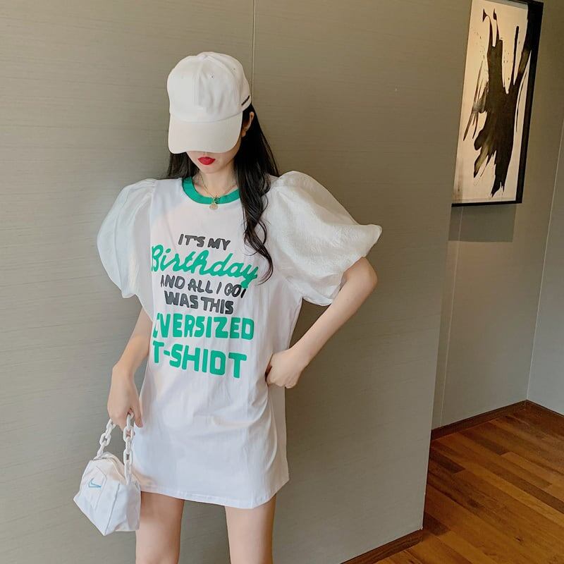 話題沸騰中 パフスリーブ ファッション プリント 全2色 半袖 Tシャツ <S-8662>