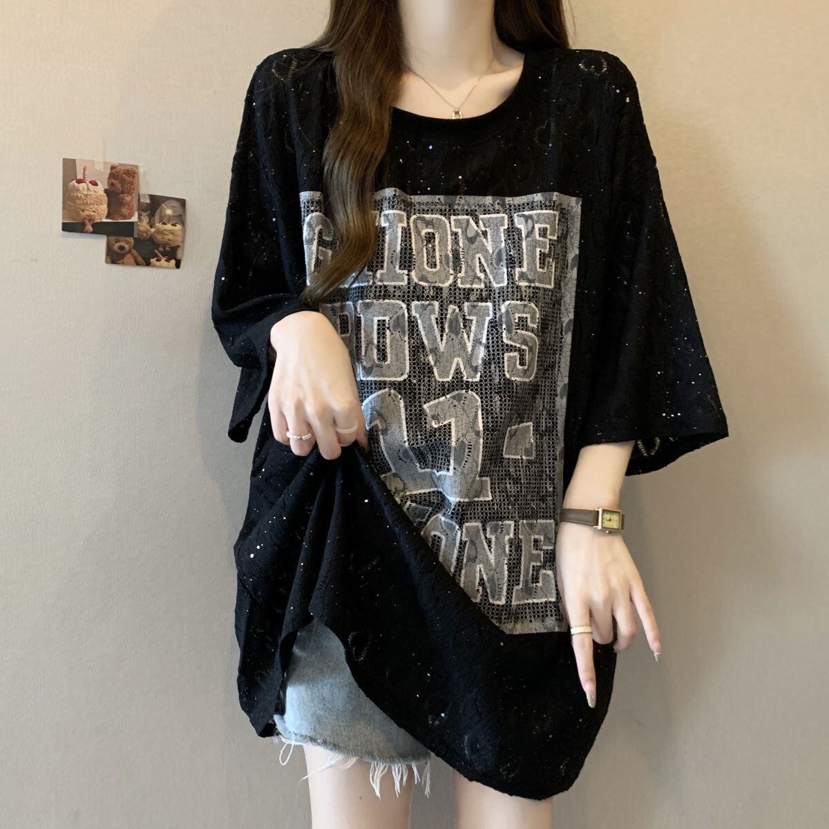 超人気 アバンギャルド 絶対流行 レース プリント全2色 半袖Tシャツ<S-8798>