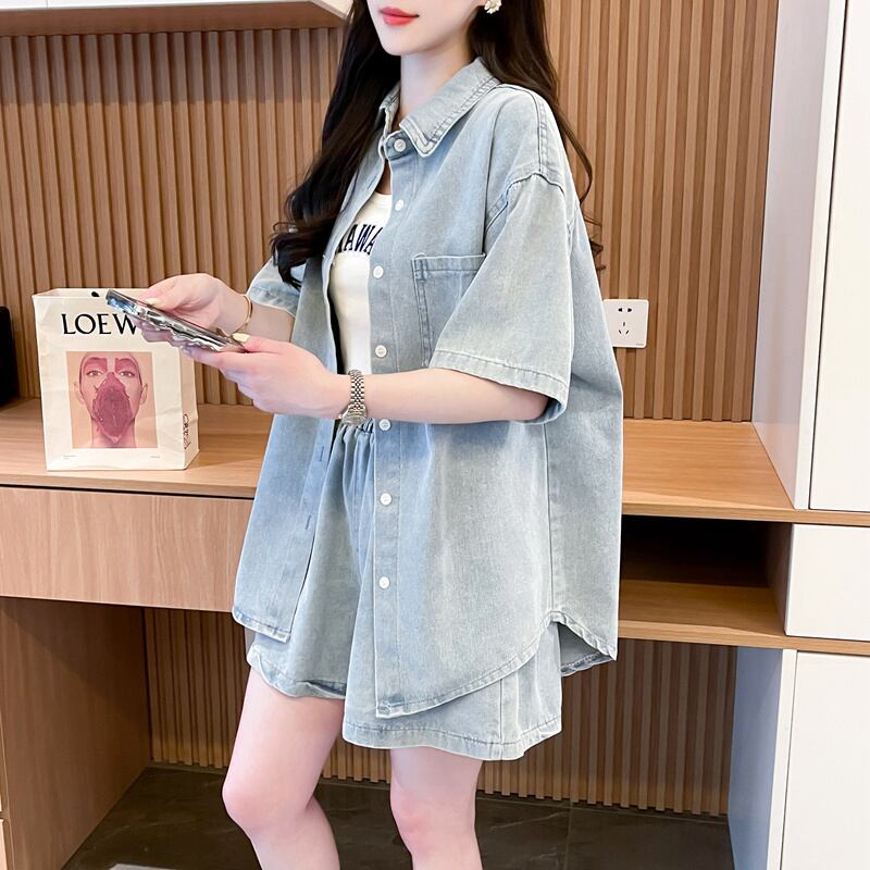 オーバーサイズ 半袖 デニム シャツ + ショートパンツ セットアップ <S-13150>