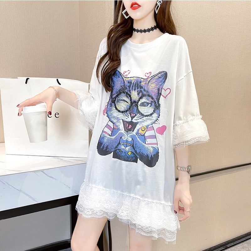 好感度満載 プリント 美感いっぱい Tシャツ カットソー ワンピース＜S-3428＞
