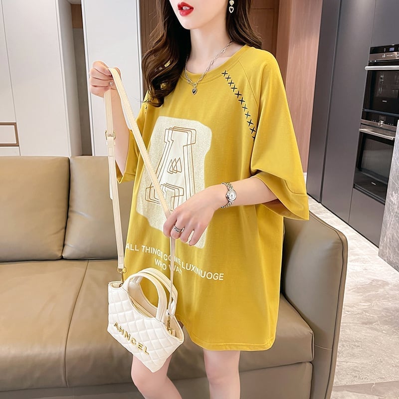 超人気商品 ロング アルファベット プリントTシャツ 三色 ゆったり半袖 ＜S-4019＞