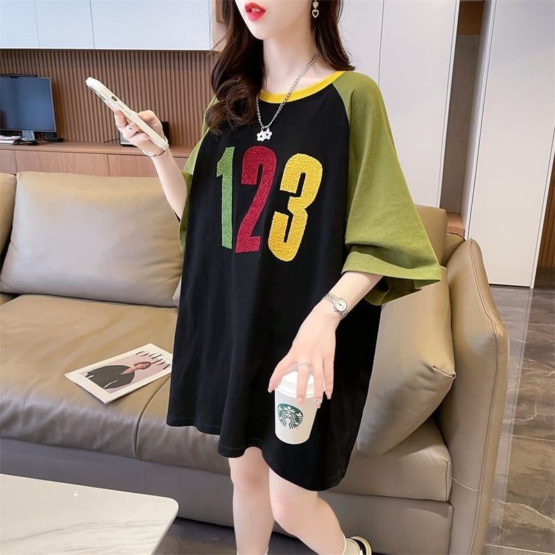 絶対欲しい カラーマッチング 数字刺 ロング Tシャツ ゆったり 半袖 ＜S-2896＞
