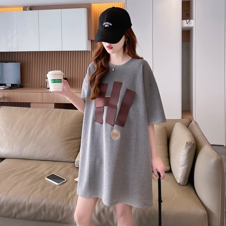 ファッション ロング プリントTシャツ 丸襟 半袖＜S-2807＞