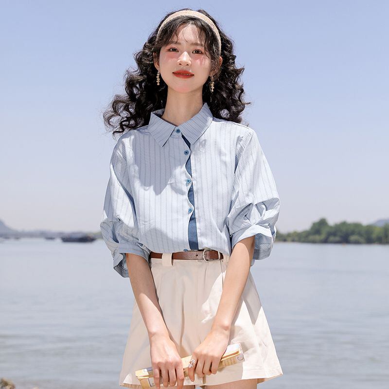 好感度UP 上質 美人度アップ 知的 ストライプ柄 3色選択 半袖シャツ＜S-9047＞