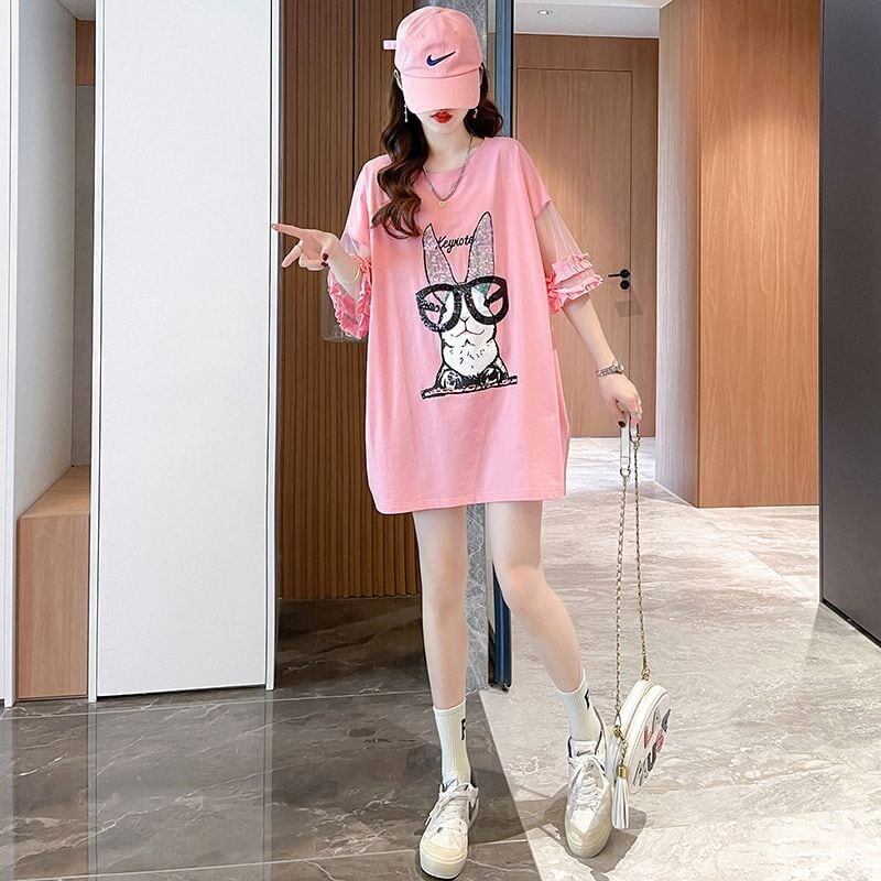 着回し力抜群 チュール 新作 切り替え ピンク プリント スパンコール プリント全3色 半袖Tシャツ カットソー ＜S-8557＞
