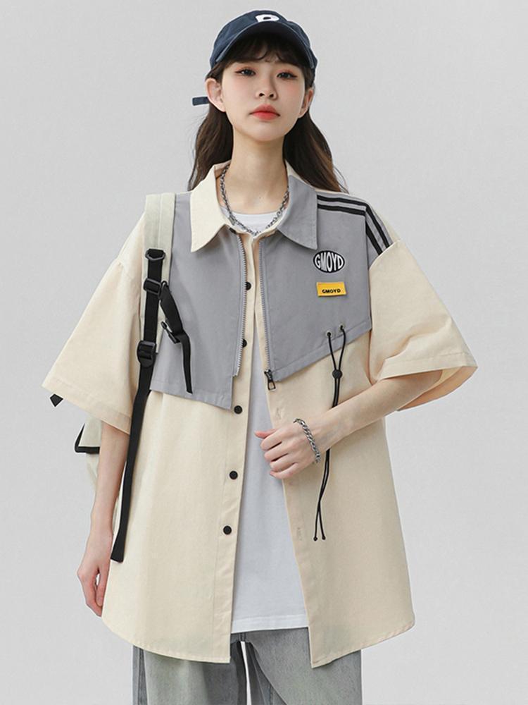 シンプルだけど一癖あるコーデ 切り替え レイヤード風 全2色 半袖Tシャツ<S-9046>