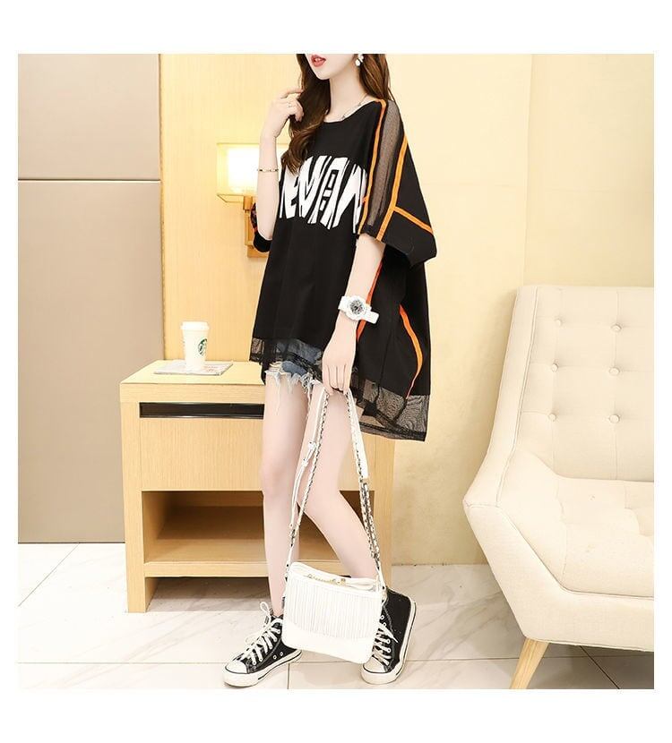 大好評 透かし彫りアルファベット 切り替え プリントTシャツ ゆったり半袖＜S-2982＞