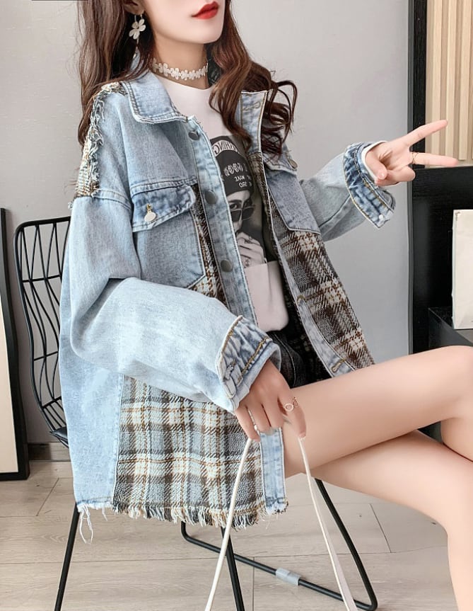 絶対流行 ファッション 活躍する優秀アイテム チェック柄 切り替え デニム Tシャツ ＜S-9264＞