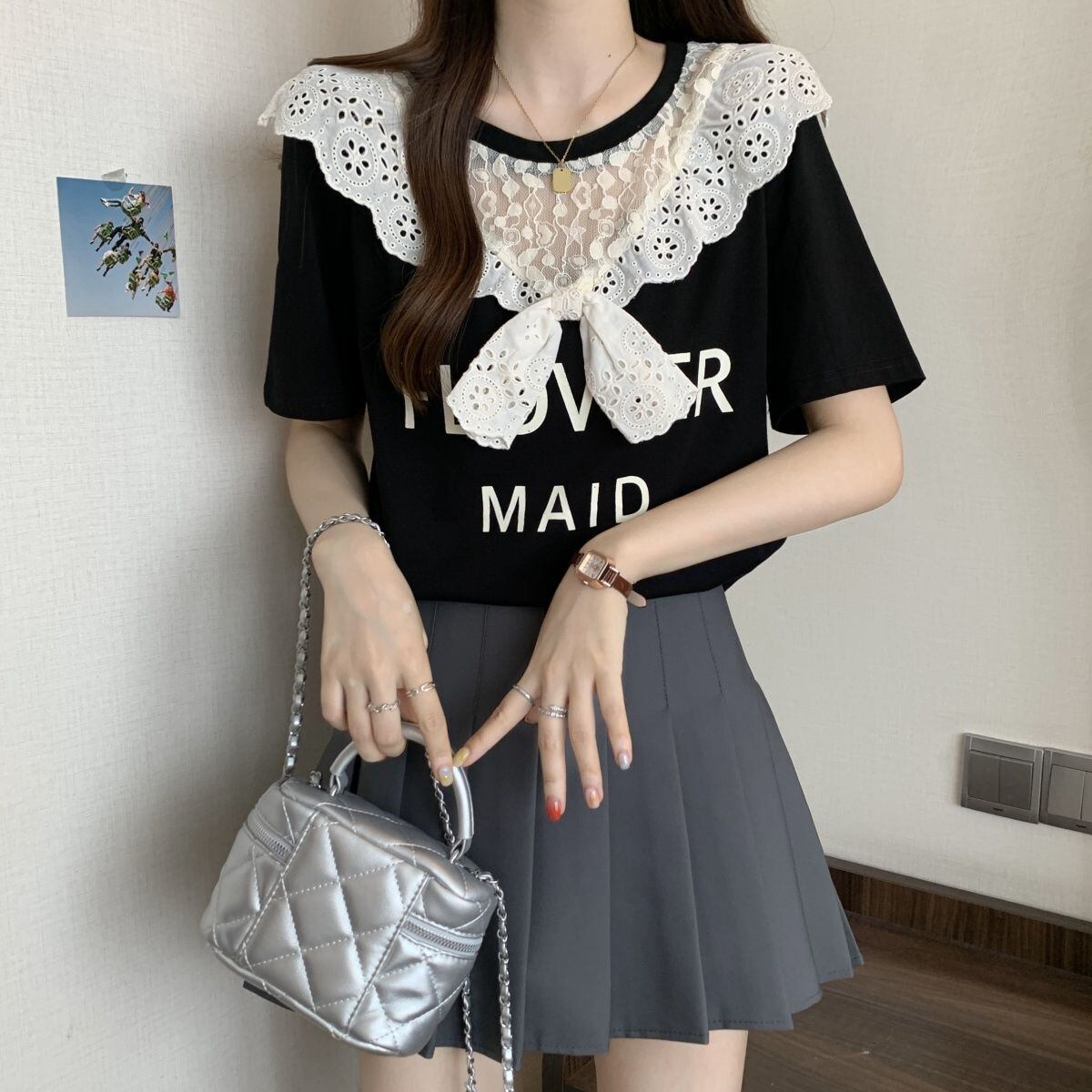 超人気 レース スウィート 切り替え プリント 3色選択 半袖Tシャツ＜S-8825＞