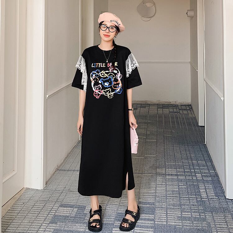 おすすめ レース ファッション 切り替え プリント Tシャツ カットソー ワンピース＜S-8535＞