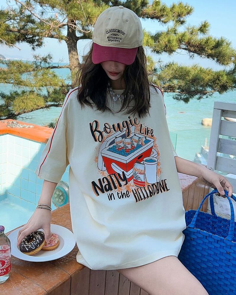 着せ ゆったり ビッグロゴ ロングTシャツ 半袖 ワンピース<S-4859>