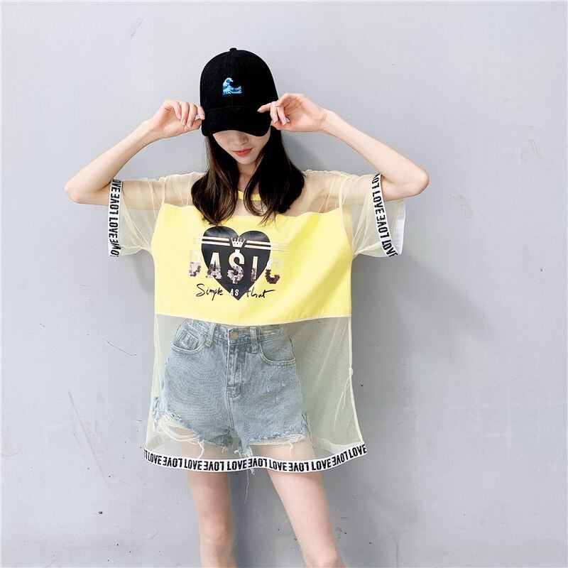 売り切れ必至 レイヤード風 個性派 チュール ゆったり半袖 Tシャツ全4色 ＜S-8157＞