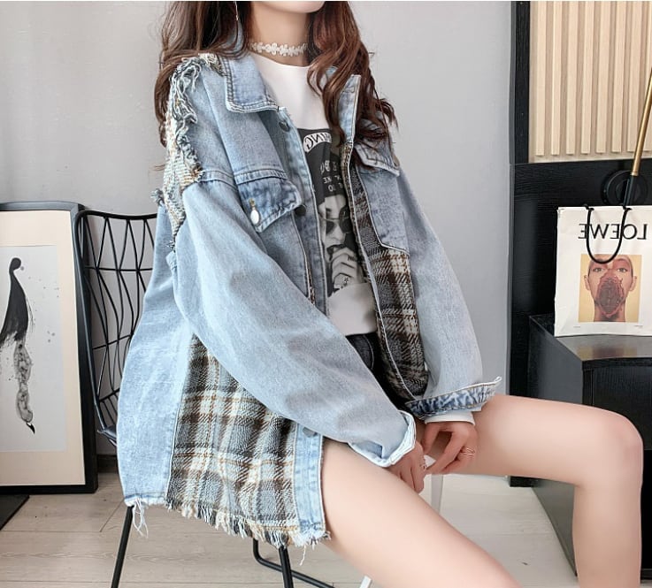 絶対流行 ファッション 活躍する優秀アイテム チェック柄 切り替え デニム Tシャツ ＜S-9264＞