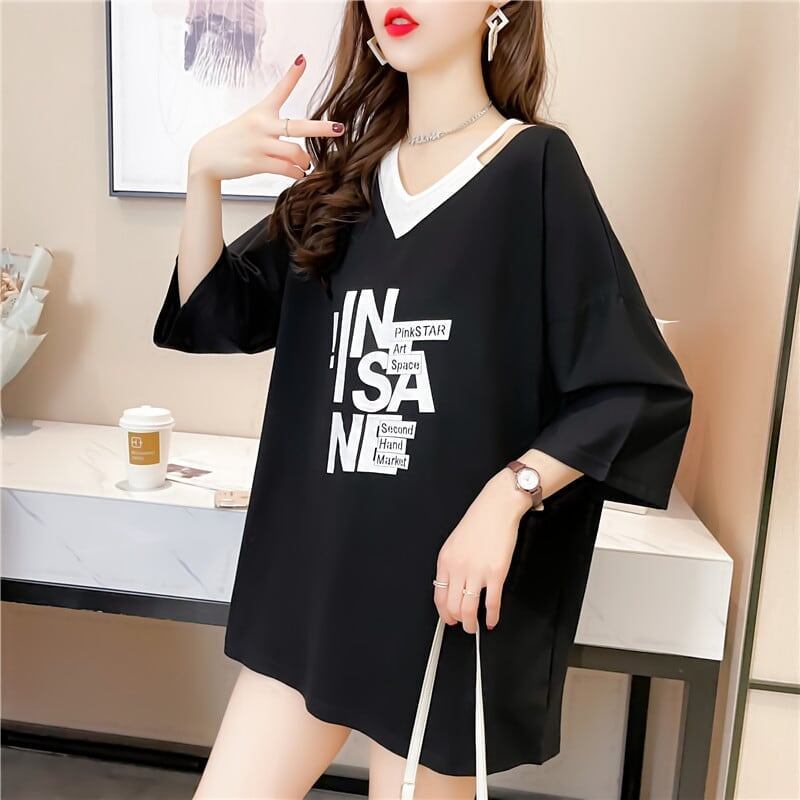 売れ筋 アルファベット Vネック フェイクレイヤード ゆったり 着?せ 半袖 Tシャツ ＜S-2005＞