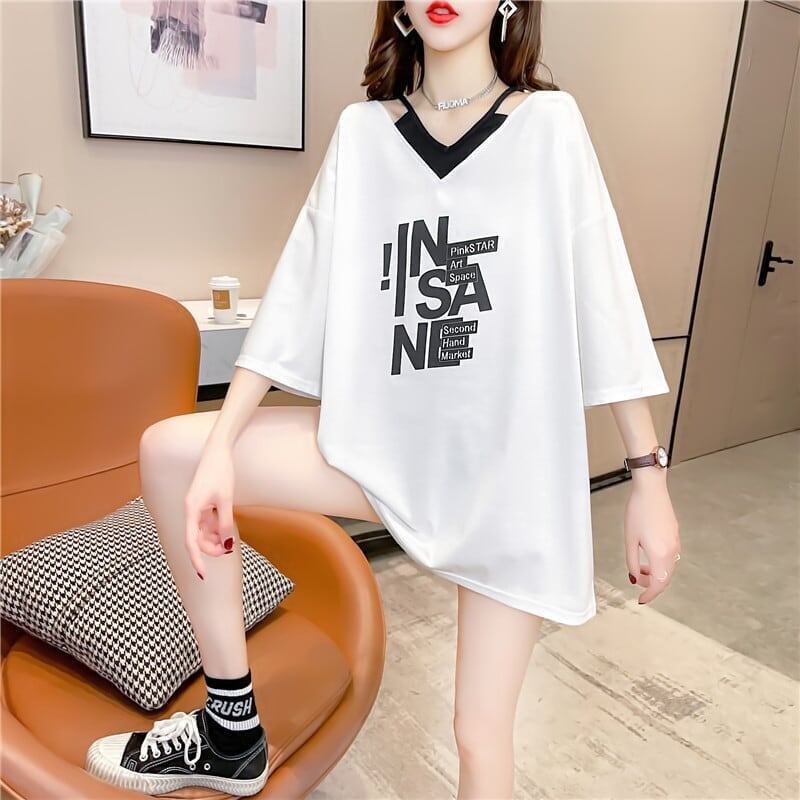 売れ筋 アルファベット Vネック フェイクレイヤード ゆったり 着せ 半袖 Tシャツ ＜S-2005＞