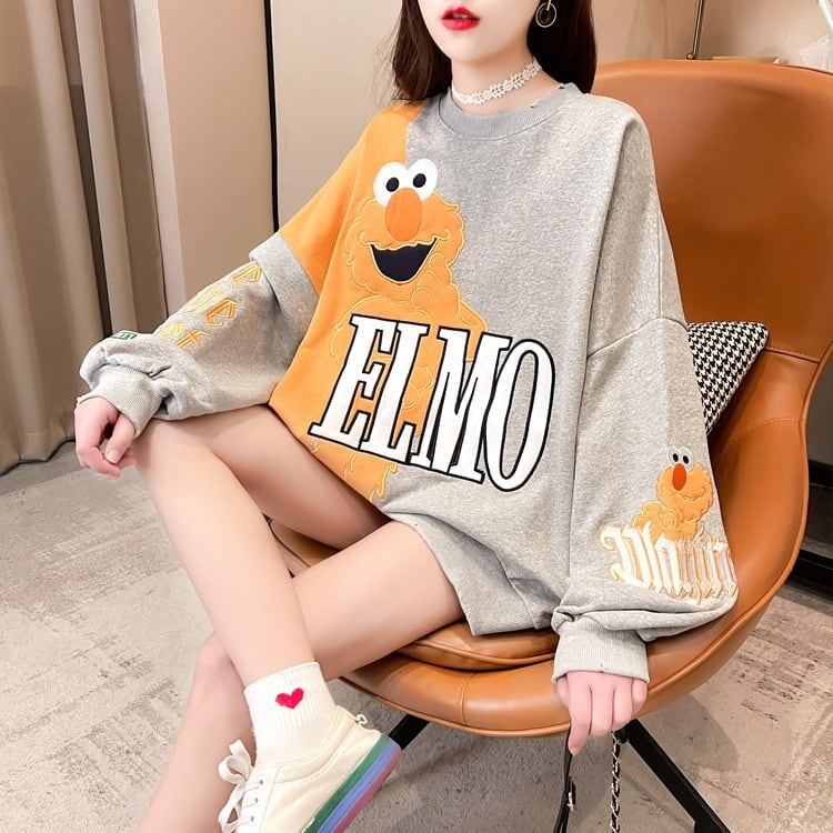 ゆったりとした重工業刺繍漫画長袖トップ<S-5083>