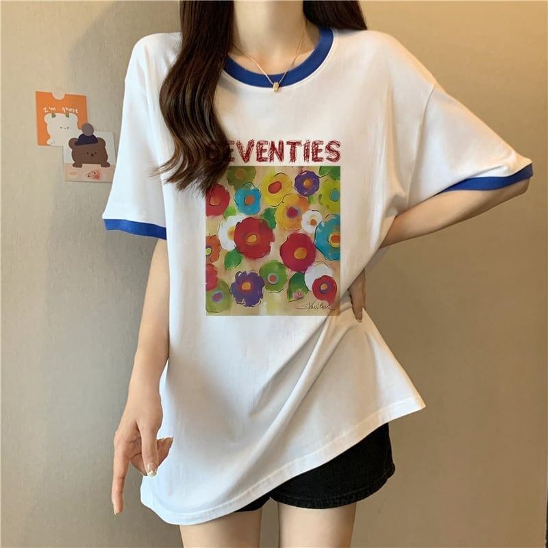 着せ 配色 プリント ロング Tシャツ 四色 ゆったり半袖 ＜S-3019＞