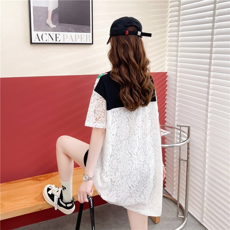 話題沸騰中 レース ビジュー 切り替え ロング Tシャツ ゆったりワンピース ＜S-3032＞