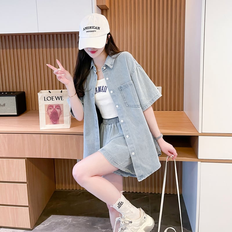 オーバーサイズ 半袖 デニム シャツ + ショートパンツ セットアップ <S-13150>