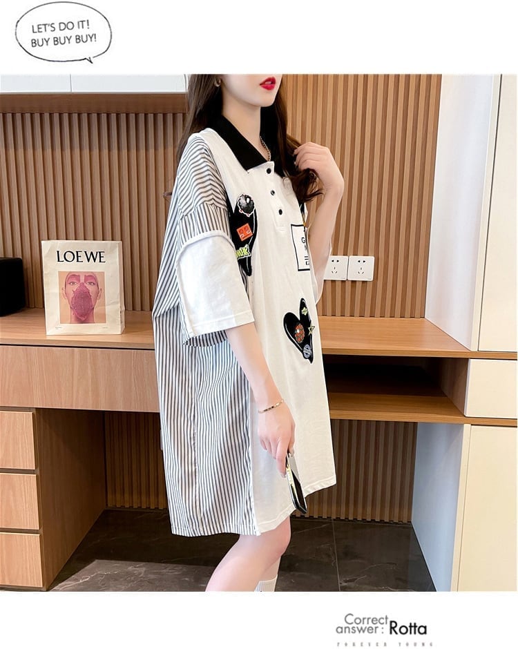 POLOネック 切り替え ストライプ柄 ロング Tシャツ ゆったりワンピース ＜S-3031＞