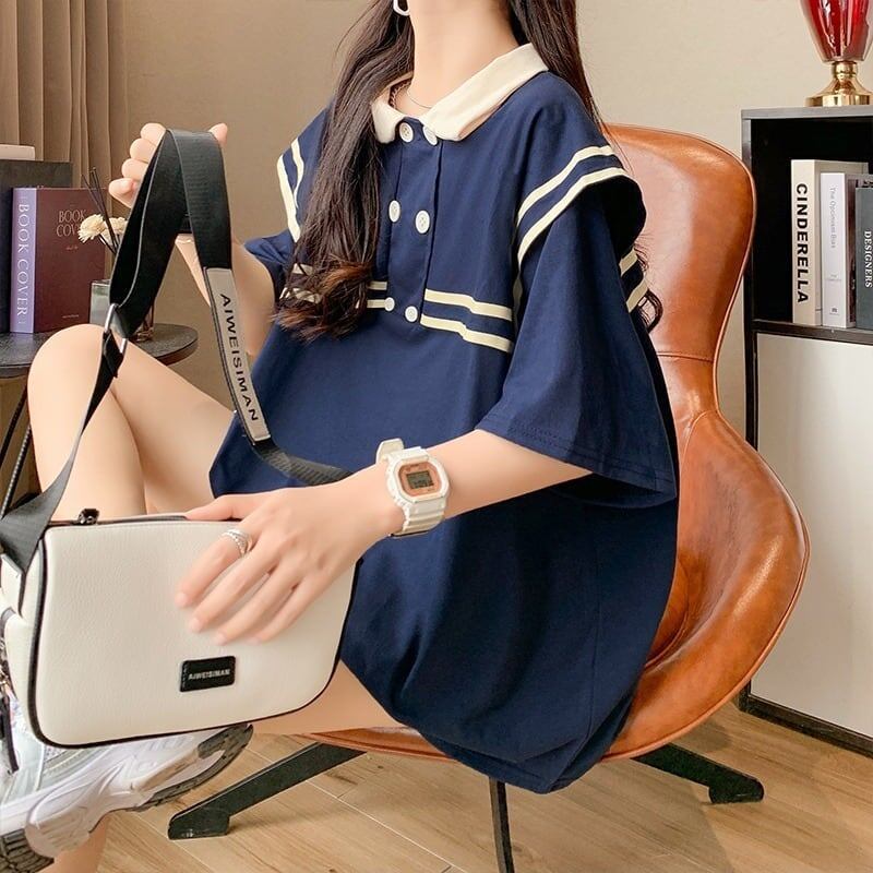 絶対欲しい ロング セーラーカラー Tシャツ 三色 ゆったりワンピース＜S-4028＞