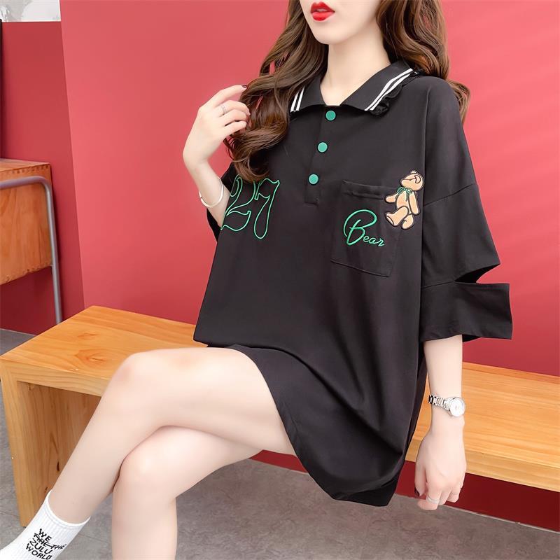 POLOネック ポケット ベアー レース ロング Tシャツ 三色 ゆったりワンピース＜S-3991＞