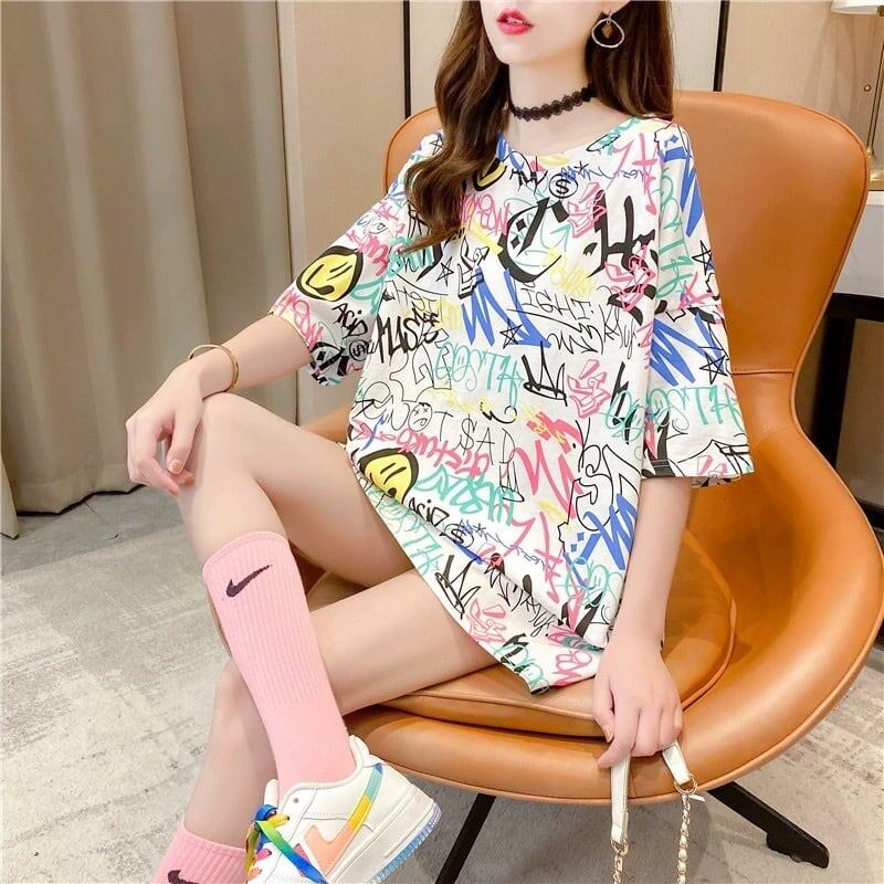 都市ファッショ デザイン オシャレ 個性派 プリント 2色選択 半袖 Tシャツ <S-9082>