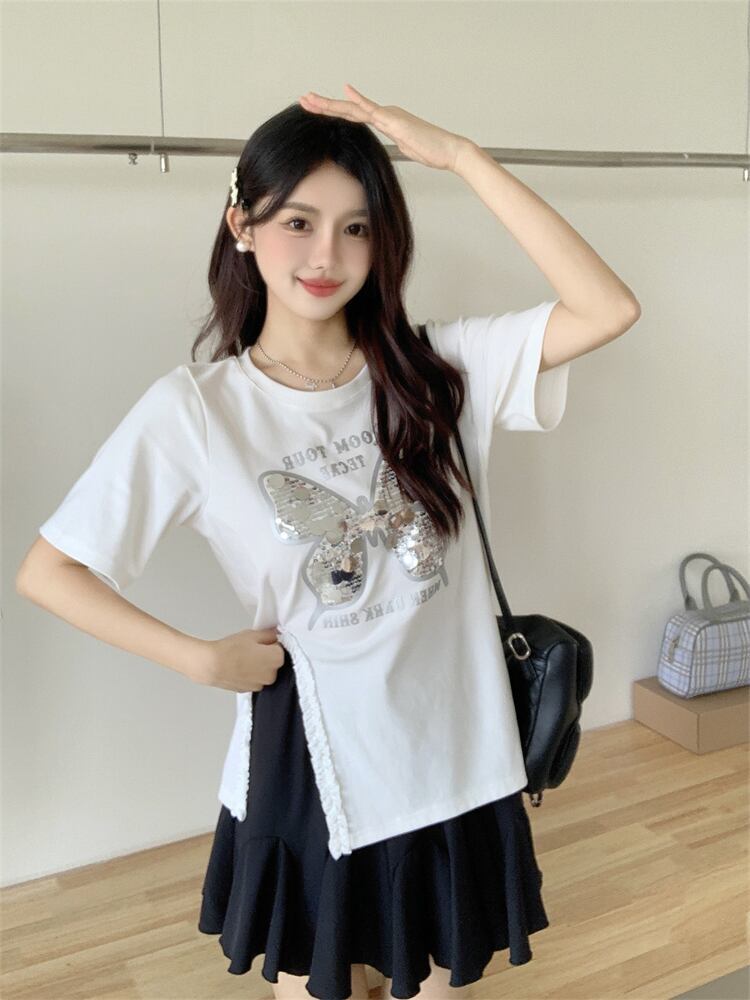 絶対欲しい キュート 超人気 ピンク プリント スパンコール 3色選択 半袖Tシャツ＜S-8570＞