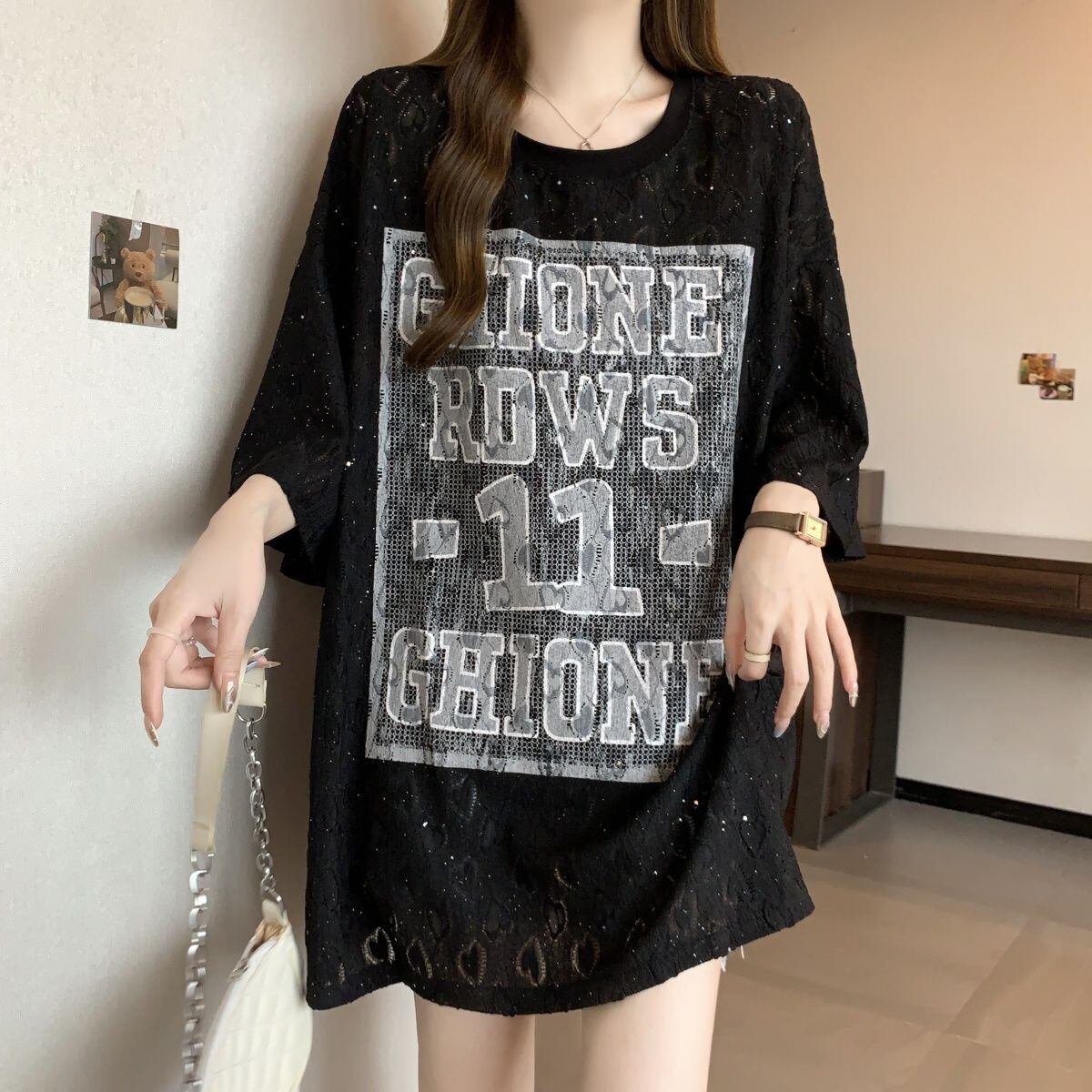 超人気 アバンギャルド 絶対流行 レース プリント全2色 半袖Tシャツ<S-8798>