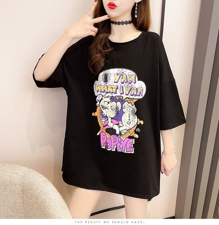 【半額！期間限定！！】グラフィック レース 透かし彫り ロング Tシャツ ゆったりワンピース ＜S-4021＞