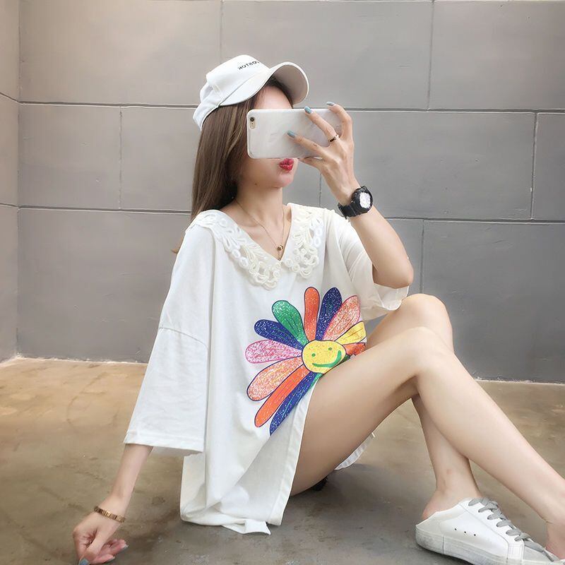 大人可愛い ロング丈 ゆったり 切り替え 三色半袖Tシャツ＜S-8129＞