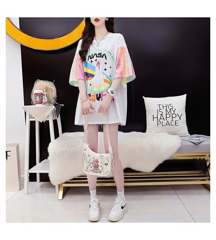 大好評 プリントTシャツ スパンコール切り替え ゆったり半袖＜S-2890＞