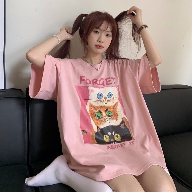 スウィート プリント 可愛いネコちゃん Tシャツ ピンク ゆったり半袖＜S-2973＞