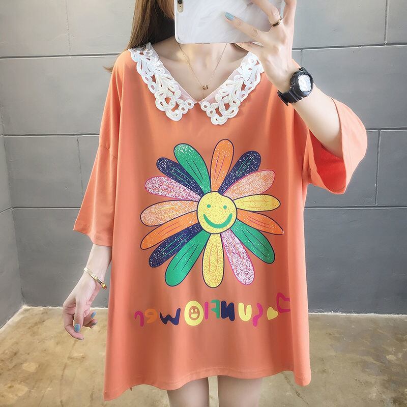 大人可愛い ロング丈 ゆったり 切り替え 三色半袖Tシャツ＜S-8129＞