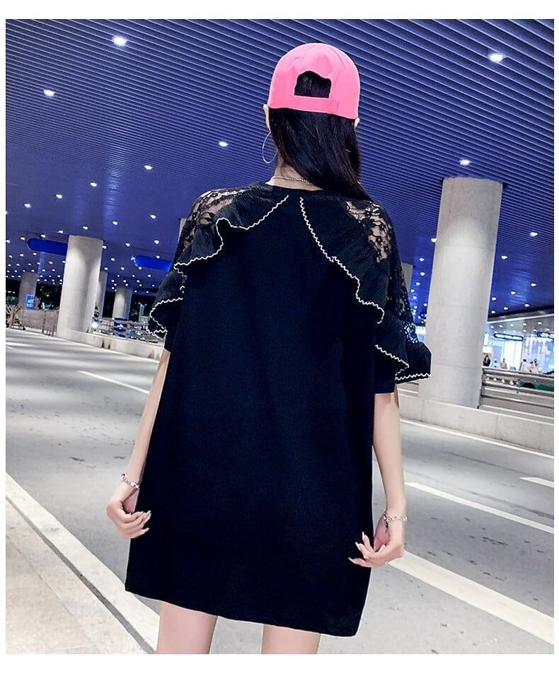 レースステッチアイスシルクニットルーズラビットプリント半袖Tシャツ<S-5038>