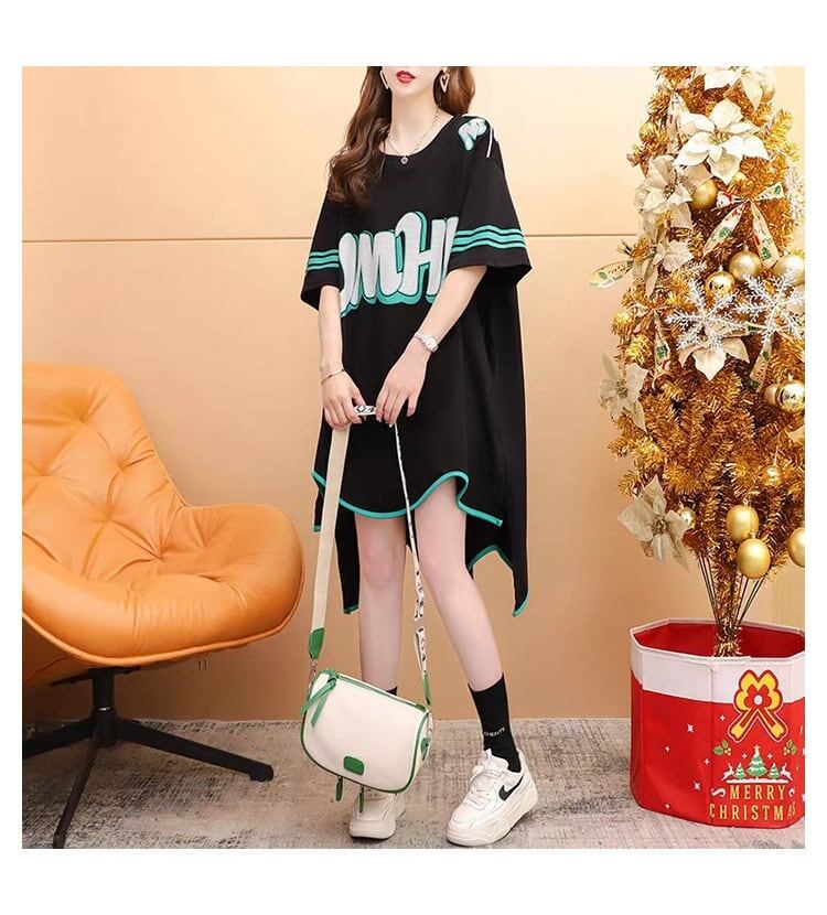 おしゃれ度アップ アルファベット フィッシュテール プリントTシャツ ゆったり半袖＜S-3012＞