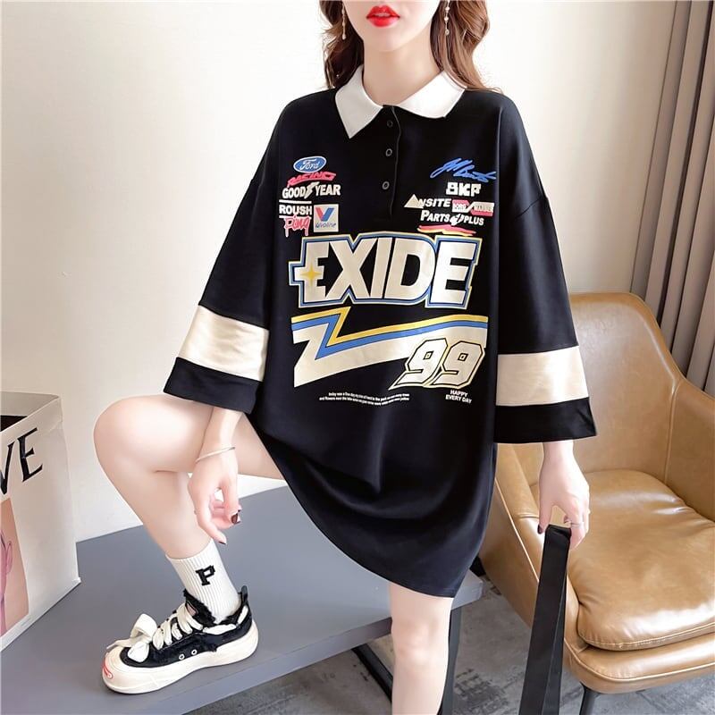 質感のいい ロング POLOネック プリントTシャツ ゆったり半袖 ＜S-2928＞