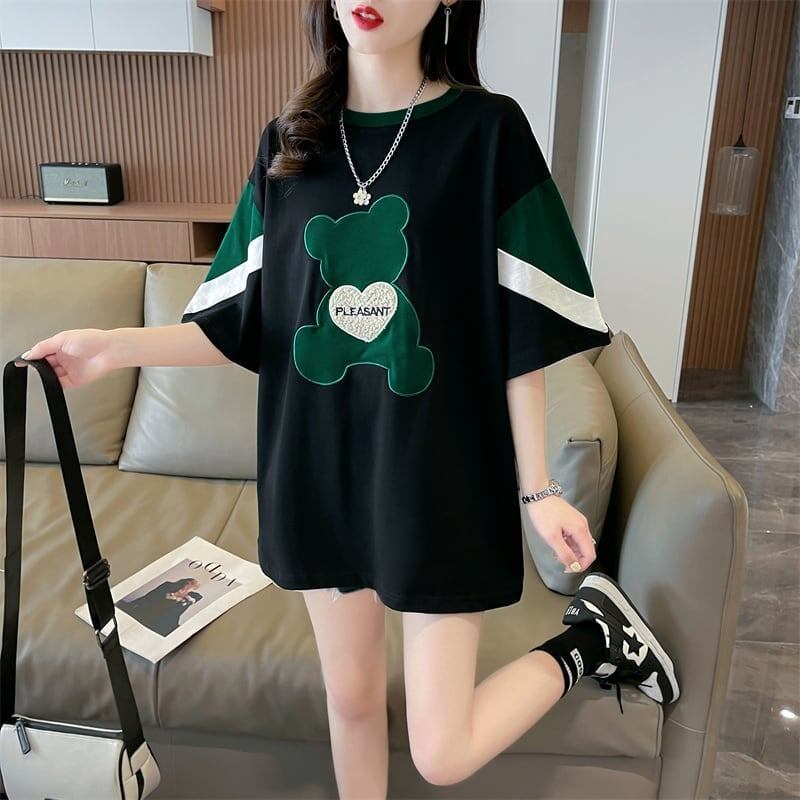 カジュアルルーズワッペン刺繍ステッチカラーブロック半袖Tシャツ<S-2870>
