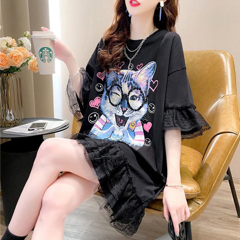 話題沸騰中 ゆったり キュート ロング丈 切り替え 2色半袖Tシャツ＜S-8133＞